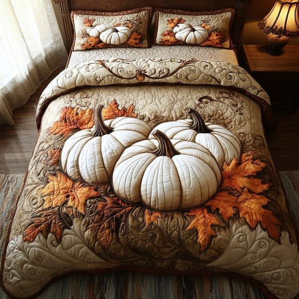 Golden Gourd quilted 3-piece bedding set on a made bed with two matching pillow shams