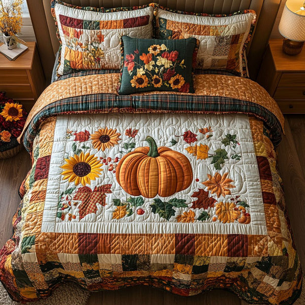 Golden Gourds quilted 3-piece bedding set on a made bed with two matching pillow shams