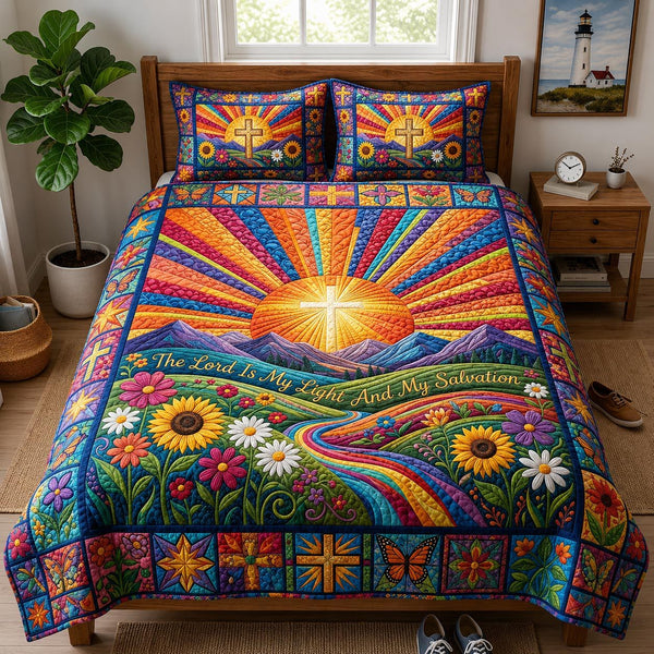Golden Grace quilted 3-piece bedding set on a made bed with two matching pillow shams