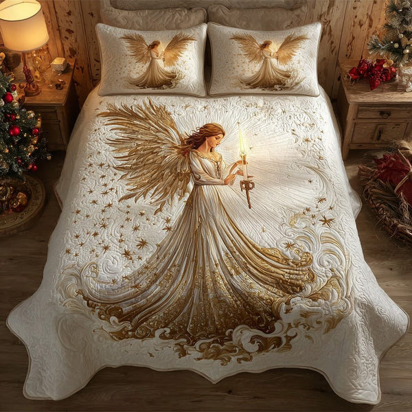 Golden Grace quilted 3-piece bedding set on a made bed with two matching pillow shams