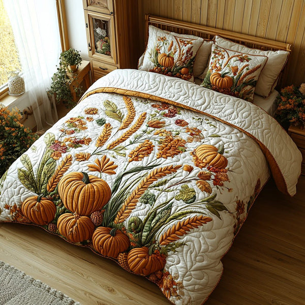Golden Grains quilted 3-piece bedding set on a made bed with two matching pillow shams