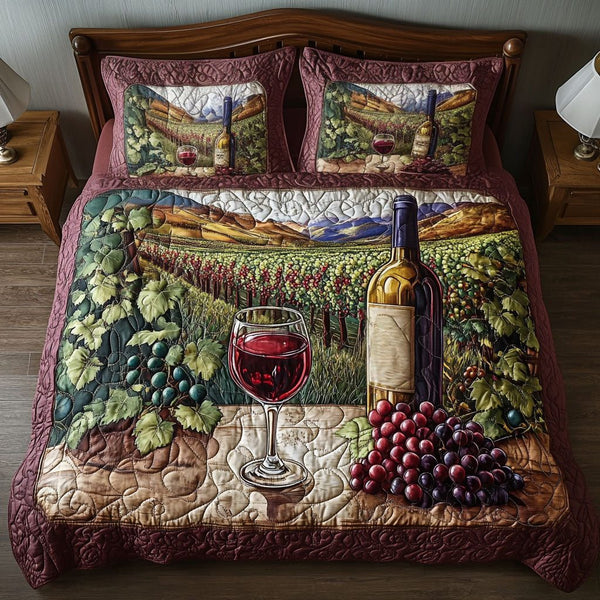 Golden Grapes quilted 3-piece bedding set on a made bed with two matching pillow shams