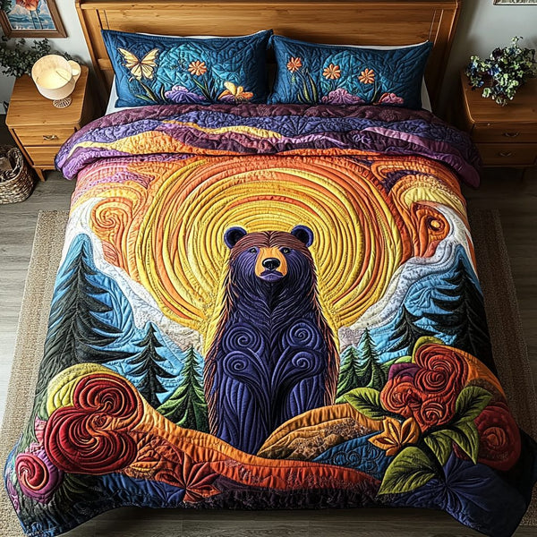 Golden Grizzly quilted 3-piece bedding set on a made bed with two matching pillow shams