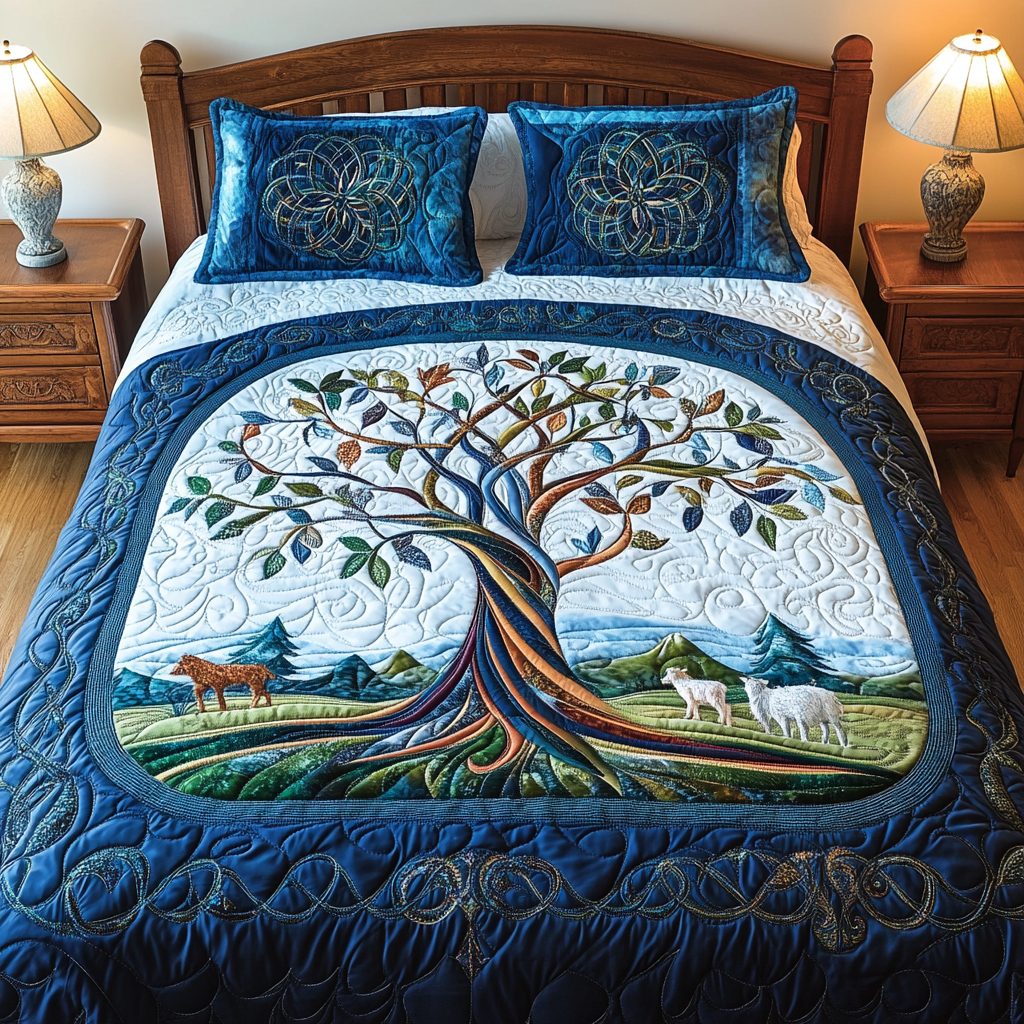 Golden Grove Embrace quilted 3-piece bedding set on a made bed with two matching pillow shams