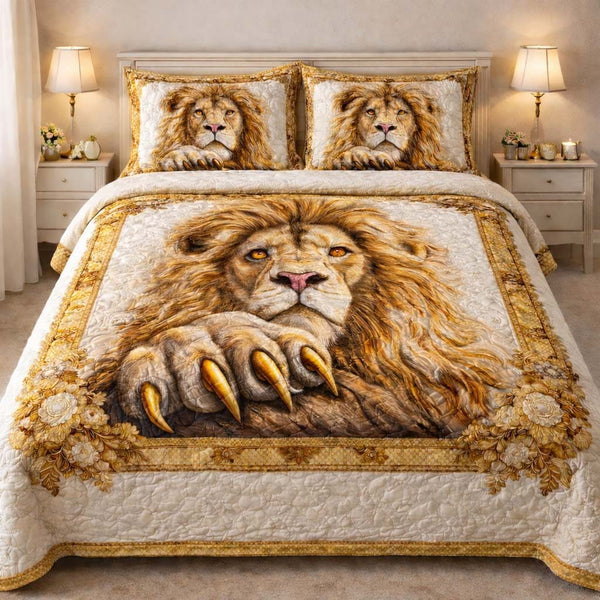 Golden Guardian quilted 3-piece bedding set on a made bed with two matching pillow shams
