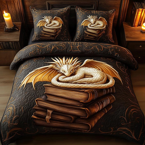 Golden Guardian quilted 3-piece bedding set on a made bed with two matching pillow shams