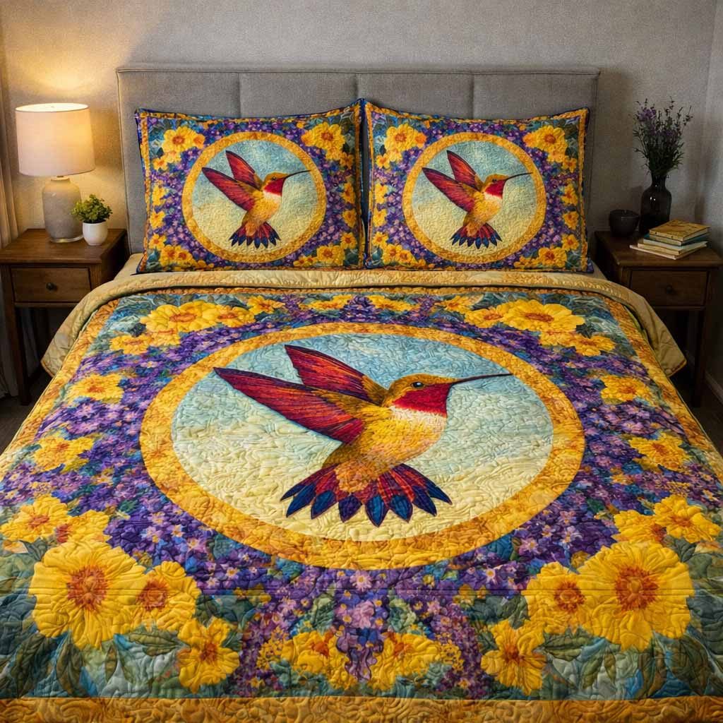 Golden Halo quilted 3-piece bedding set on a made bed with two matching pillow shams