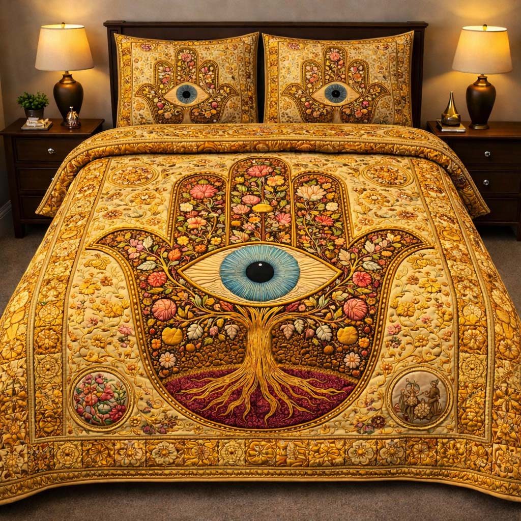 Golden Hamsa Blessing quilted 3-piece bedding set on a made bed with two matching pillow shams