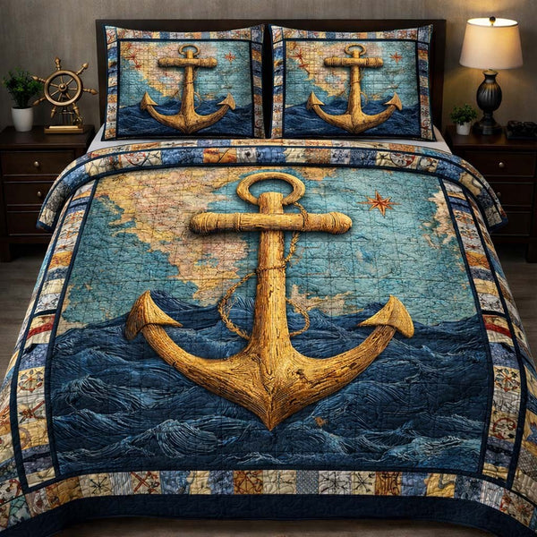 Golden Harbor Anchor quilted 3-piece bedding set on a made bed in a light coastal bedroom