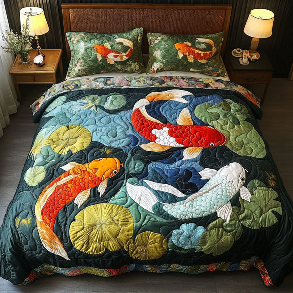 Golden Harmony quilted 3-piece bedding set on a made bed with two matching pillow shams