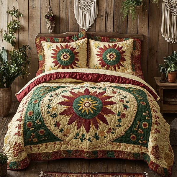 Golden Harmony quilted 3-piece bedding set on a made bed with two matching pillow shams