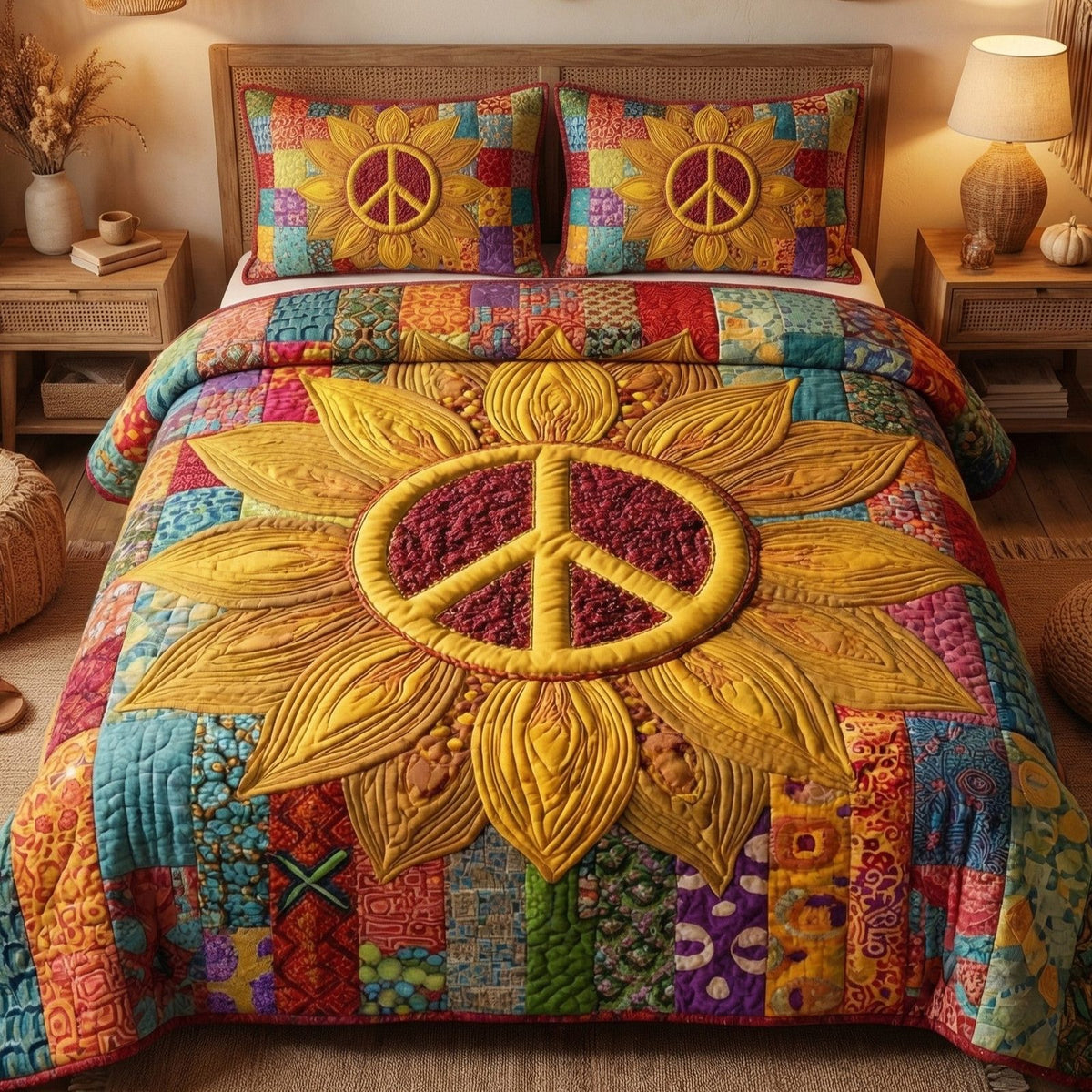 Golden Harmony quilted 3-piece bedding set on a made bed with two matching pillow shams