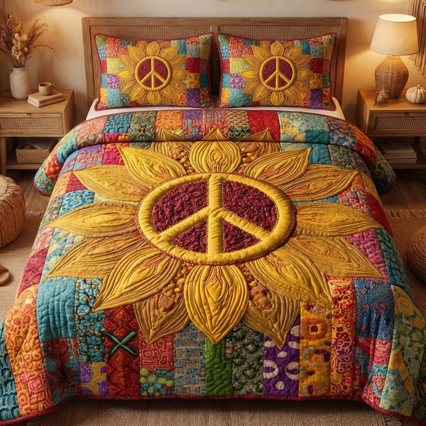 Golden Harmony quilted 3-piece bedding set on a made bed with two matching pillow shams