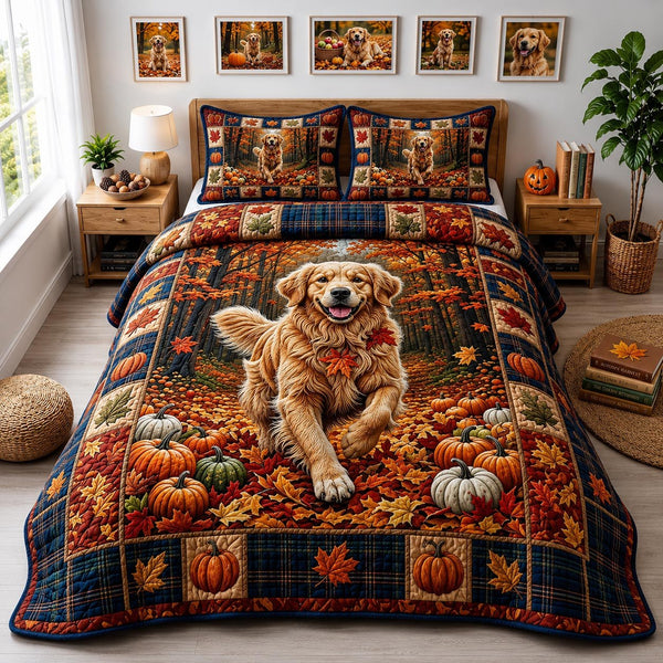 Golden Harvest quilted 3-piece bedding set on a made bed with two matching pillow shams