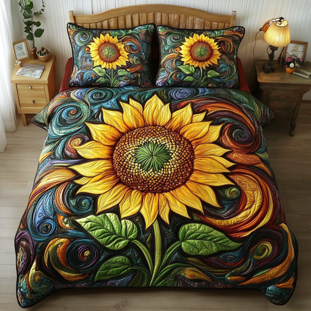 Golden Harvest quilted 3-piece bedding set on a made bed with two matching pillow shams