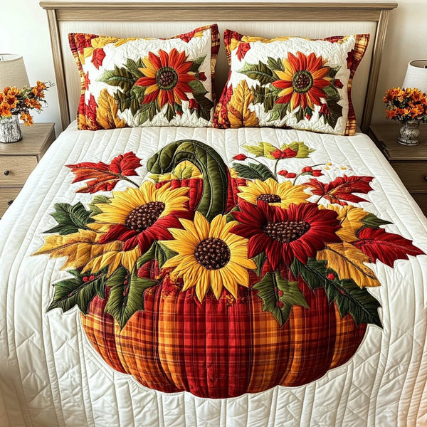 Golden Harvest quilted 3-piece bedding set on a made bed with two matching pillow shams