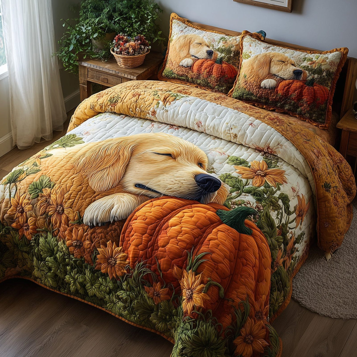 Golden Harvest Retriever quilted 3-piece bedding set on a made bed with two matching pillow shams