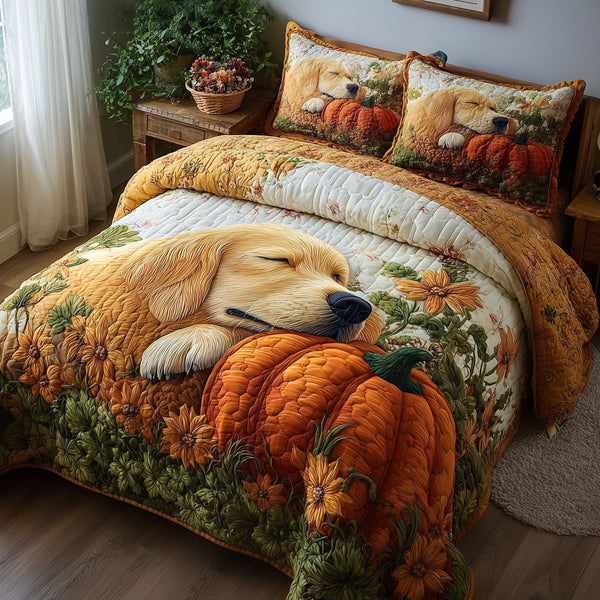 Golden Harvest Retriever quilted 3-piece bedding set on a made bed with two matching pillow shams