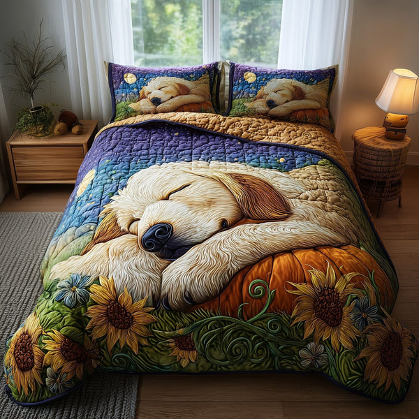 Golden Harvest Retriever quilted 3-piece bedding set on a made bed with two matching pillow shams