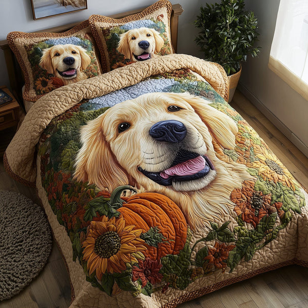 Golden Harvest Retriever quilted 3-piece bedding set on a made bed with two matching pillow shams