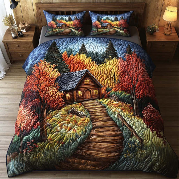 Golden Haven quilted 3-piece bedding set on a made bed with two matching pillow shams