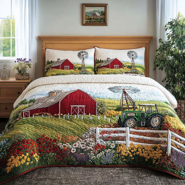 Golden Hayfield quilted 3-piece bedding set on a made bed with two matching pillow shams