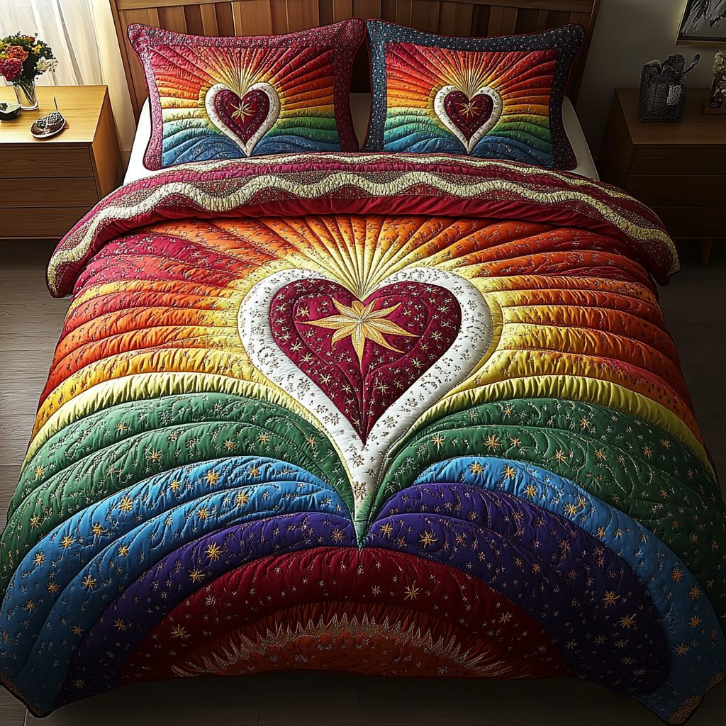 Golden Heart quilted 3-piece bedding set on a made bed with two matching pillow shams