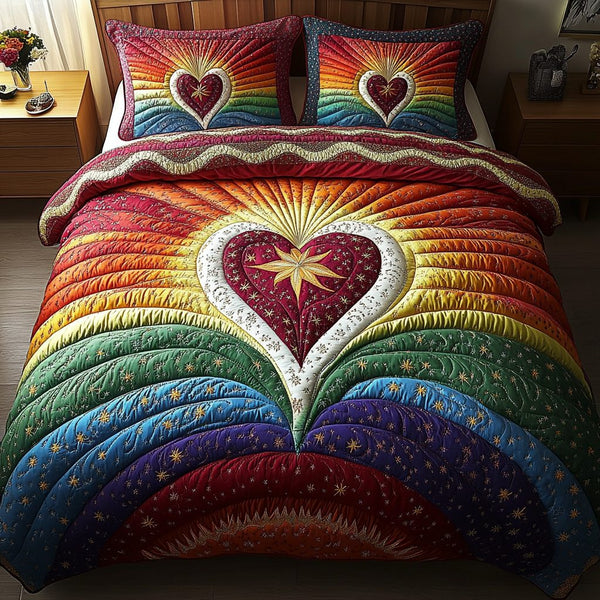 Golden Heart quilted 3-piece bedding set on a made bed with two matching pillow shams