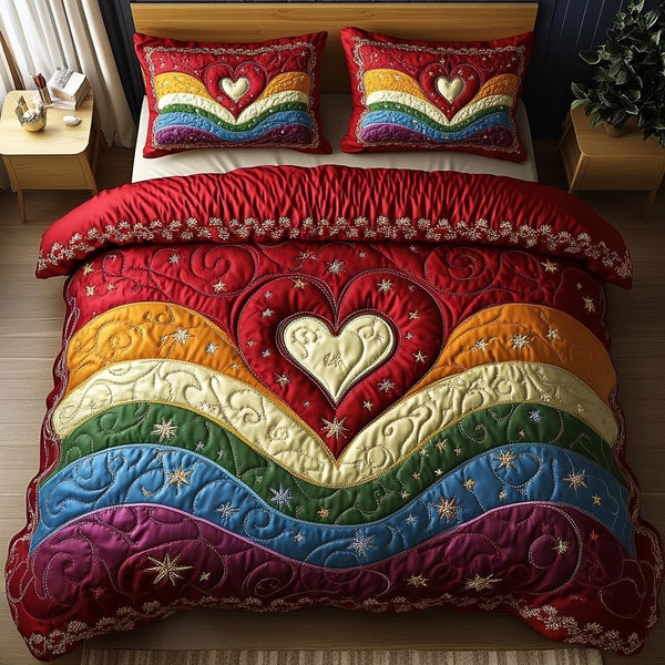 Golden Hearts quilted 3-piece bedding set on a made bed with two matching pillow shams