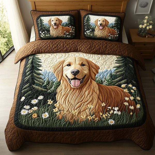 Golden Hearts quilted 3-piece bedding set on a made bed with two matching pillow shams