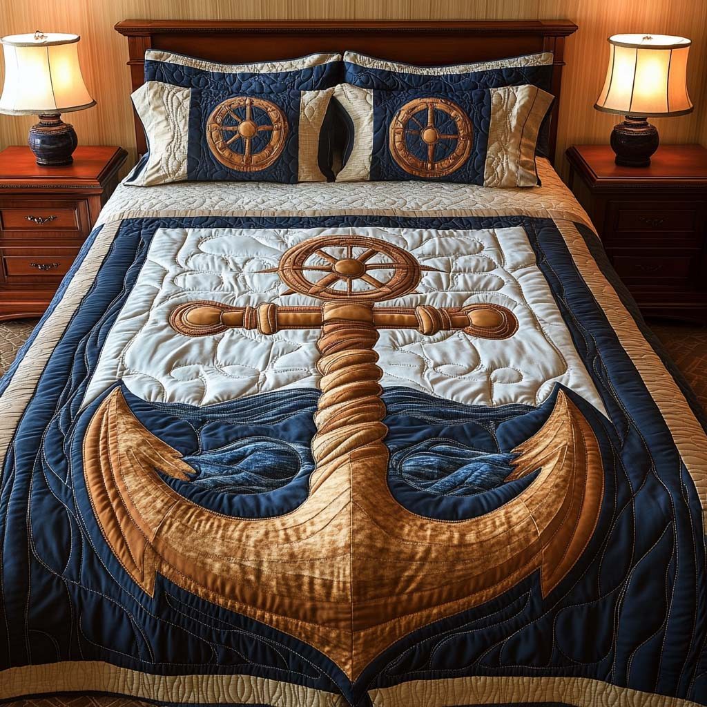 Golden Helm quilted 3-piece bedding set on a made bed with two matching pillow shams