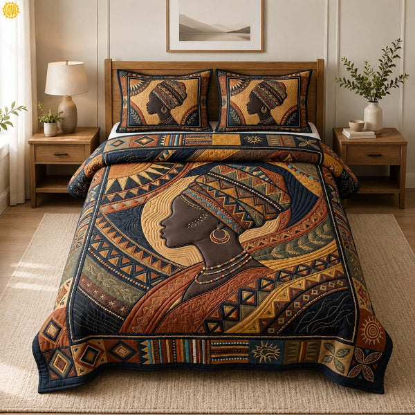 Golden Heritage Queen quilted 3-piece bedding set on a made bed in a farmhouse bedroom