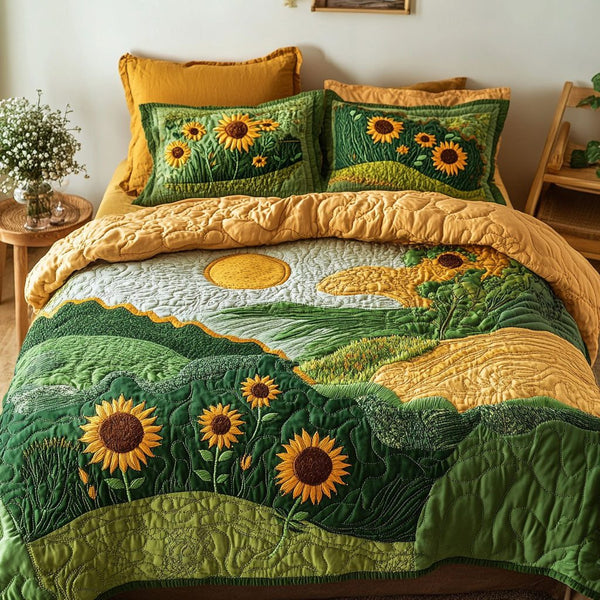 Golden Hills quilted 3-piece bedding set on a made bed with two matching pillow shams