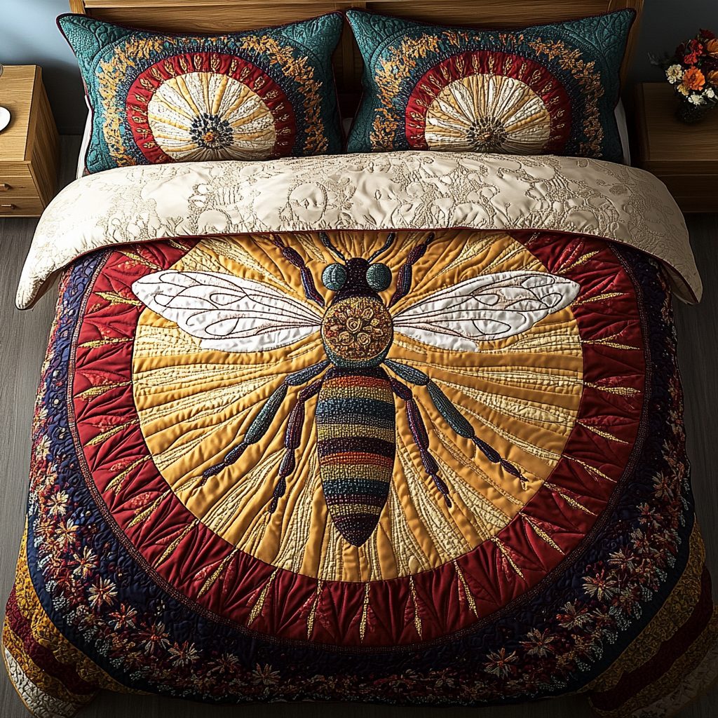 Golden Hive Guardian quilted 3-piece bedding set on a made bed with two matching pillow shams