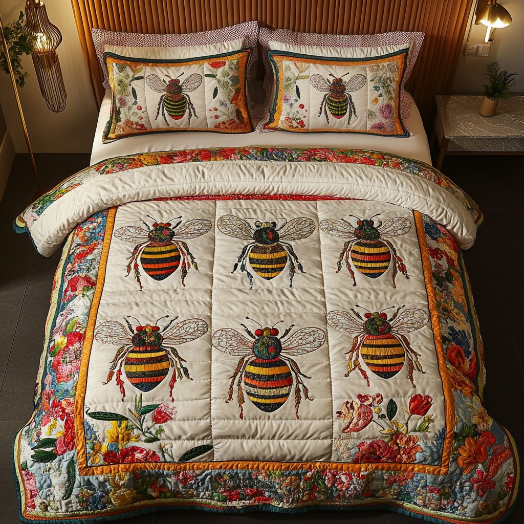 Golden Hive quilted 3-piece bedding set on a made bed with two matching pillow shams
