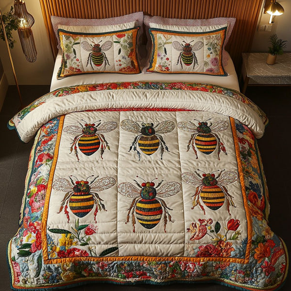 Golden Hive quilted 3-piece bedding set on a made bed with two matching pillow shams