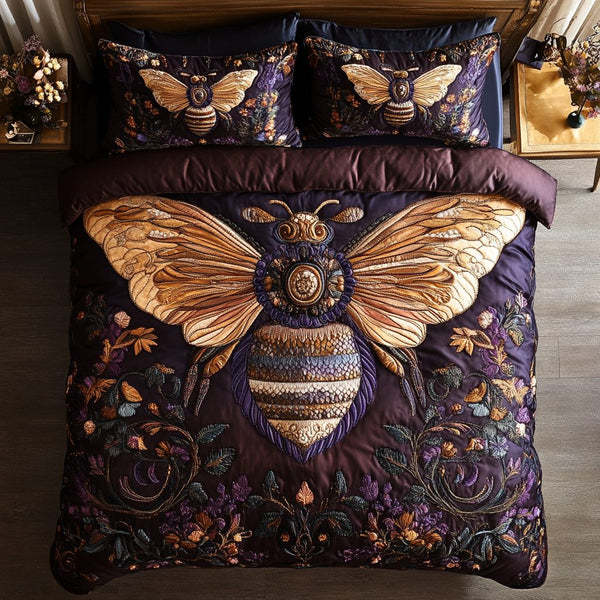 Golden Hive quilted 3-piece bedding set on a made bed with two matching pillow shams