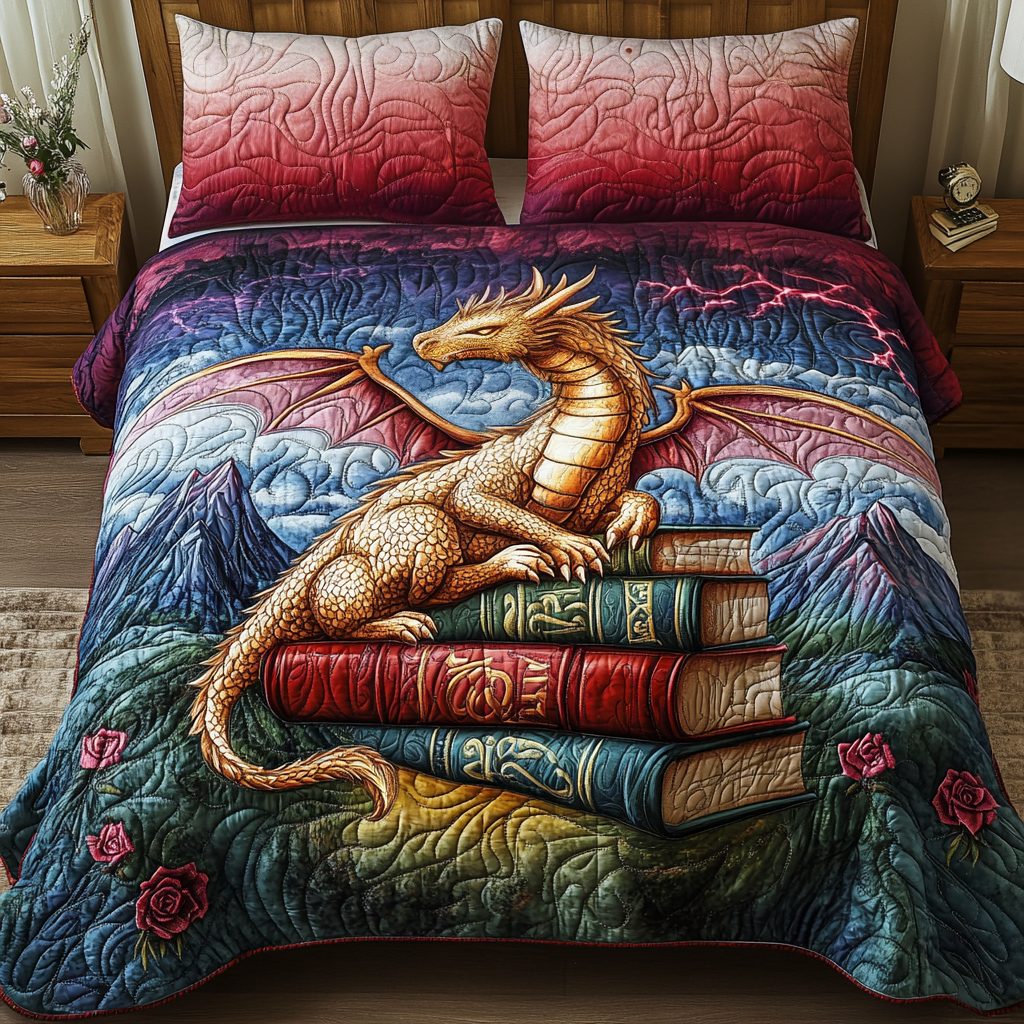 Golden Hoard quilted 3-piece bedding set on a made bed with two matching pillow shams