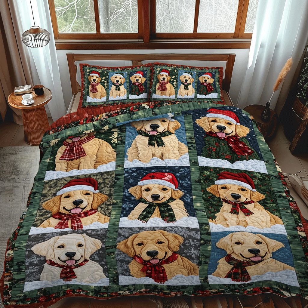 Golden Holiday Joy quilted 3-piece bedding set on a made bed in a winter-styled bedroom