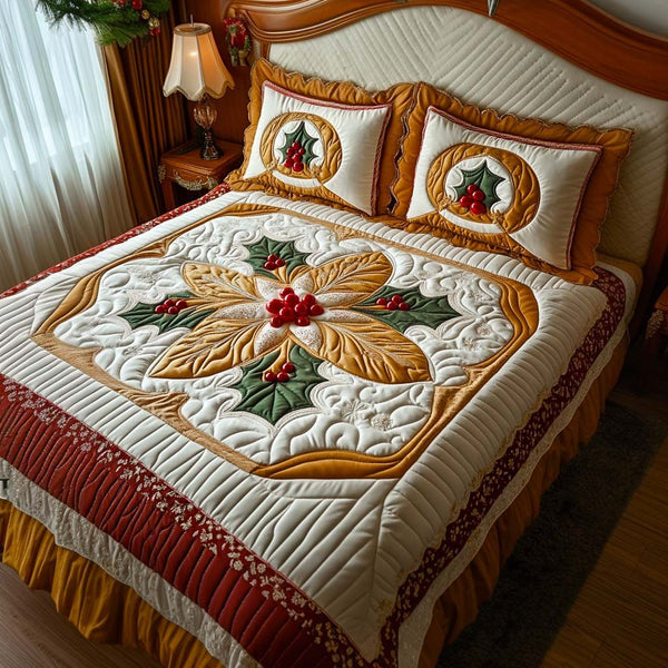 Golden Holly quilted 3-piece bedding set on a made bed with two matching pillow shams