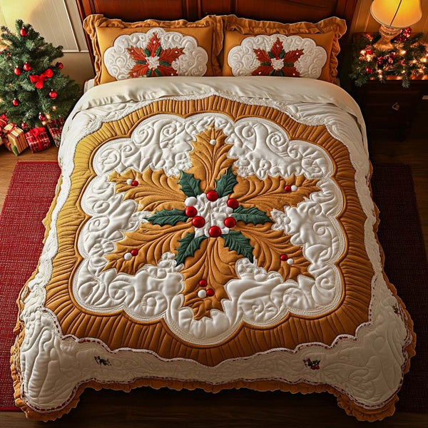 Golden Holly quilted 3-piece bedding set on a made bed with two matching pillow shams