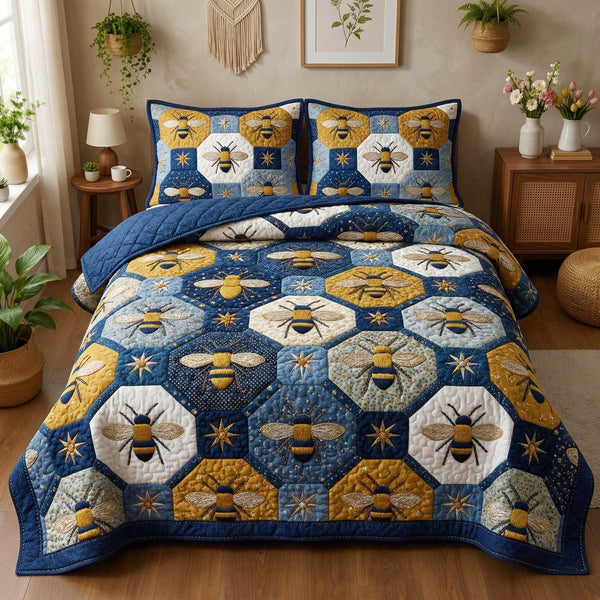 Golden Honeycomb quilted 3-piece bedding set on a made bed with two matching pillow shams