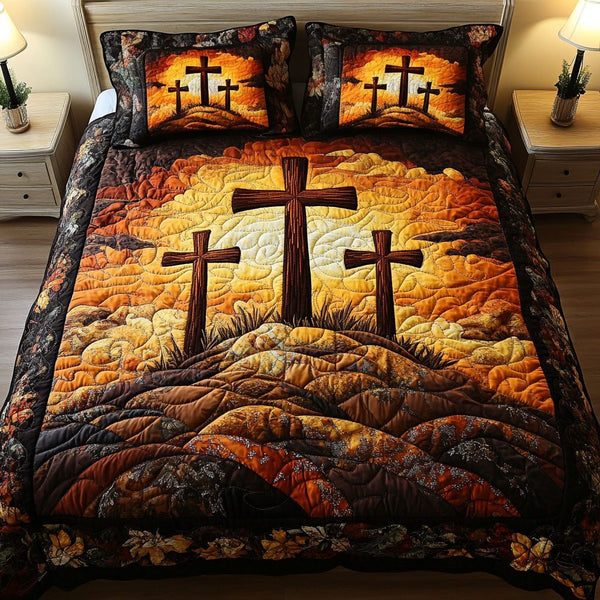 Golden Horizon Crosses quilted 3-piece bedding set on a made bed in a softly lit bedroom