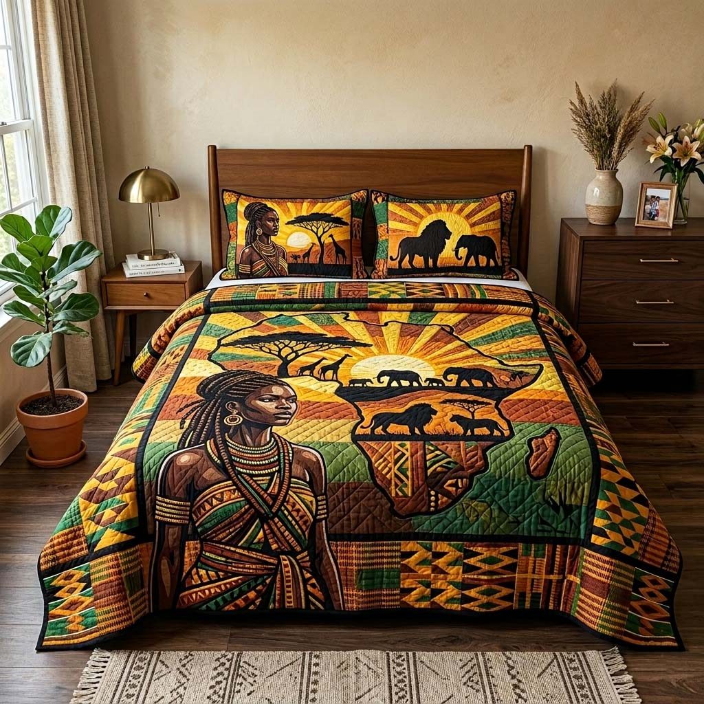 Golden Horizon quilted 3-piece bedding set on a made bed with two matching pillow shams