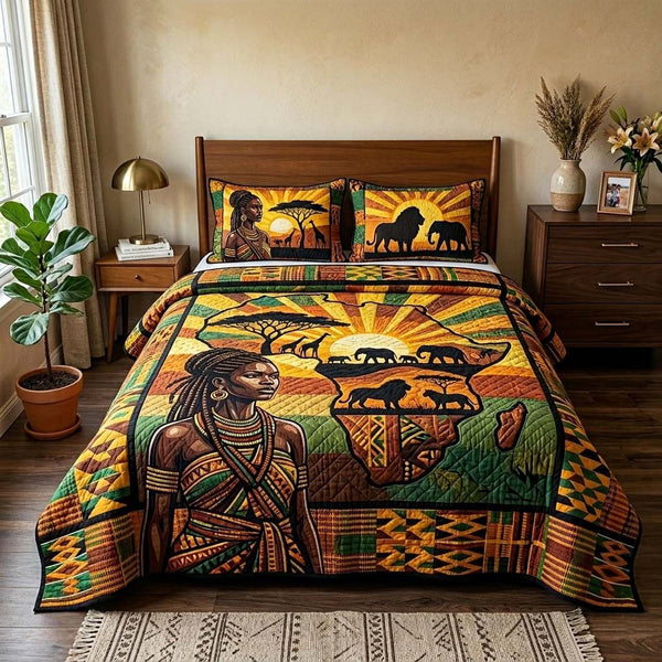 Golden Horizon quilted 3-piece bedding set on a made bed with two matching pillow shams