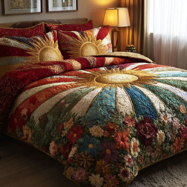 Golden Horizon quilted 3-piece bedding set on a made bed with two matching pillow shams