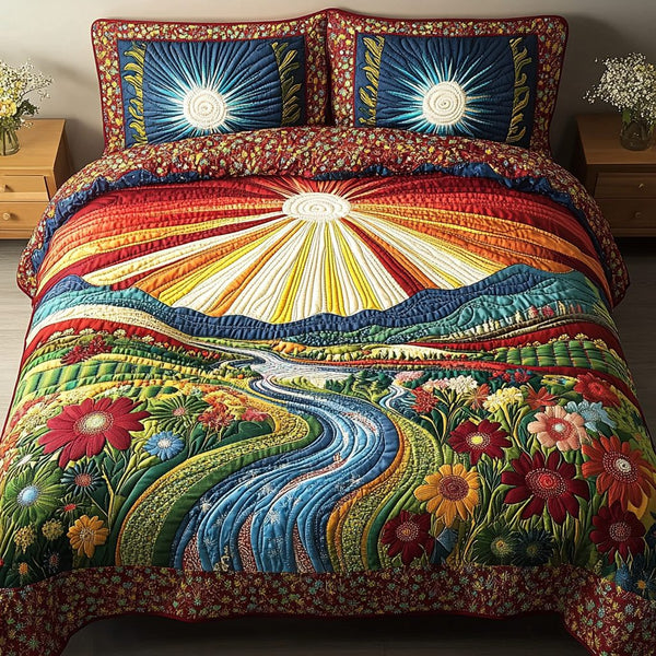 Golden Horizon quilted 3-piece bedding set on a made bed with two matching pillow shams