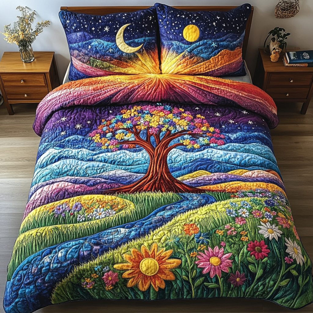 Golden Horizon quilted 3-piece bedding set on a made bed with two matching pillow shams