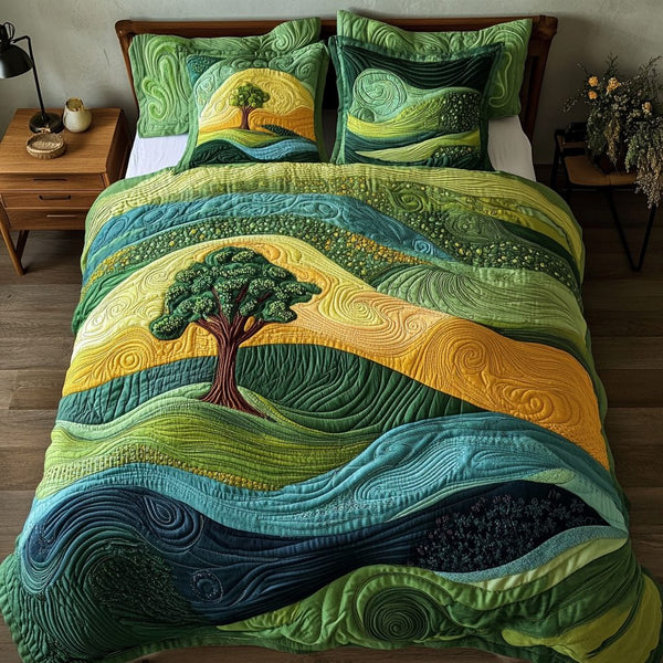 Golden Horizon quilted 3-piece bedding set on a made bed with two matching pillow shams