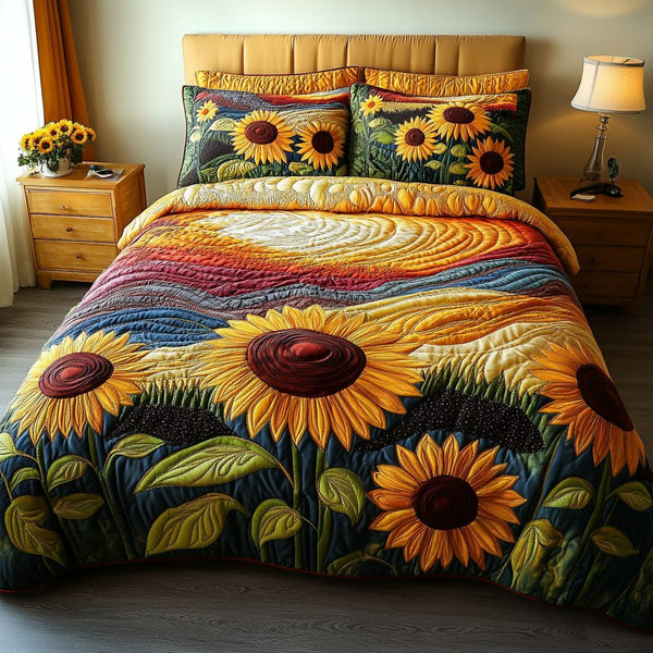 Golden Horizon quilted 3-piece bedding set on a made bed with two matching pillow shams